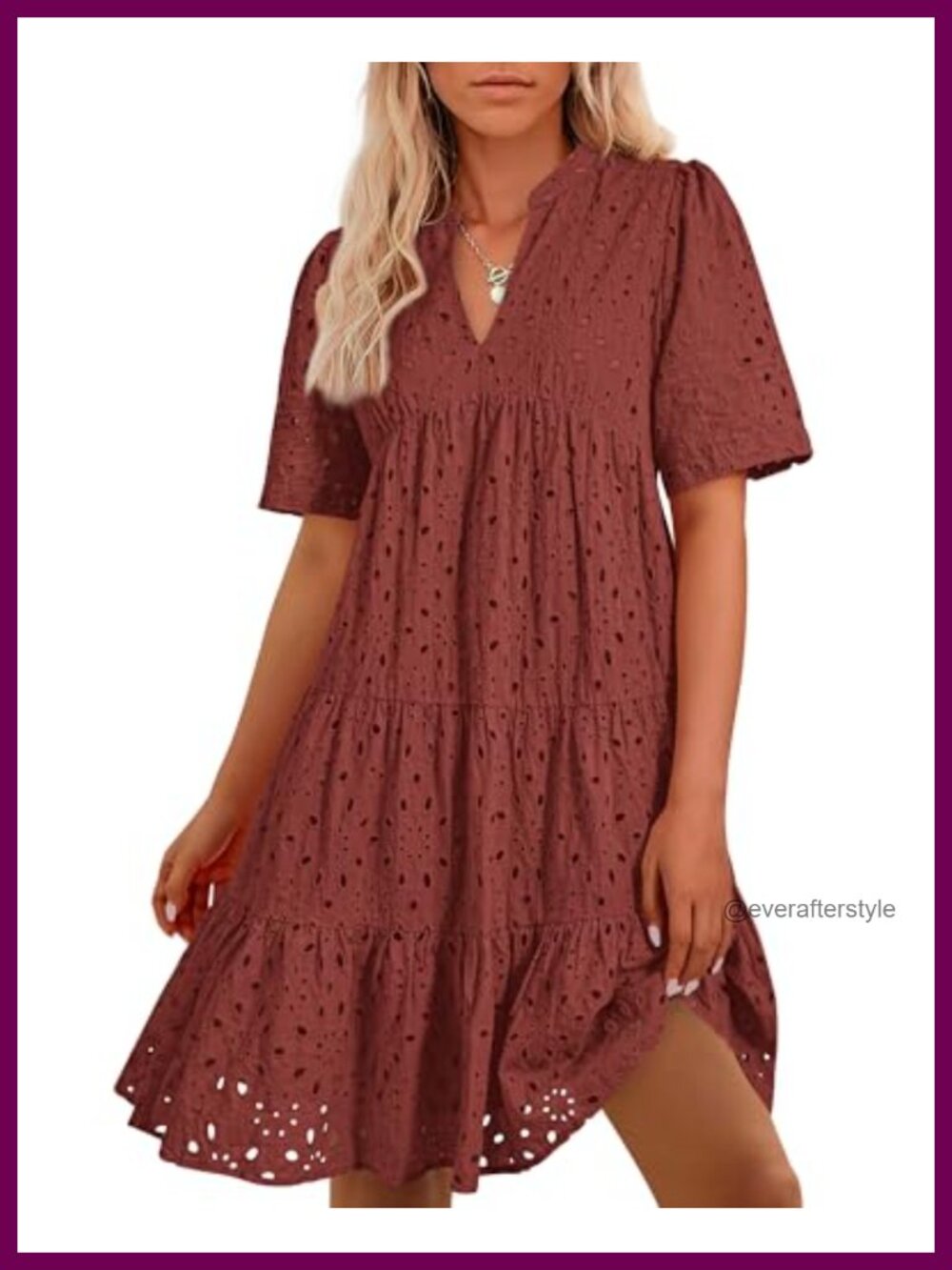 BTFBM Womens Boho Eyelet Mini Summer Dress V-Neck Short Sleeve A-Line